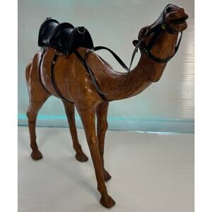 Vintage Hand Carved Dromedary Camel Figurine Leather Saddle